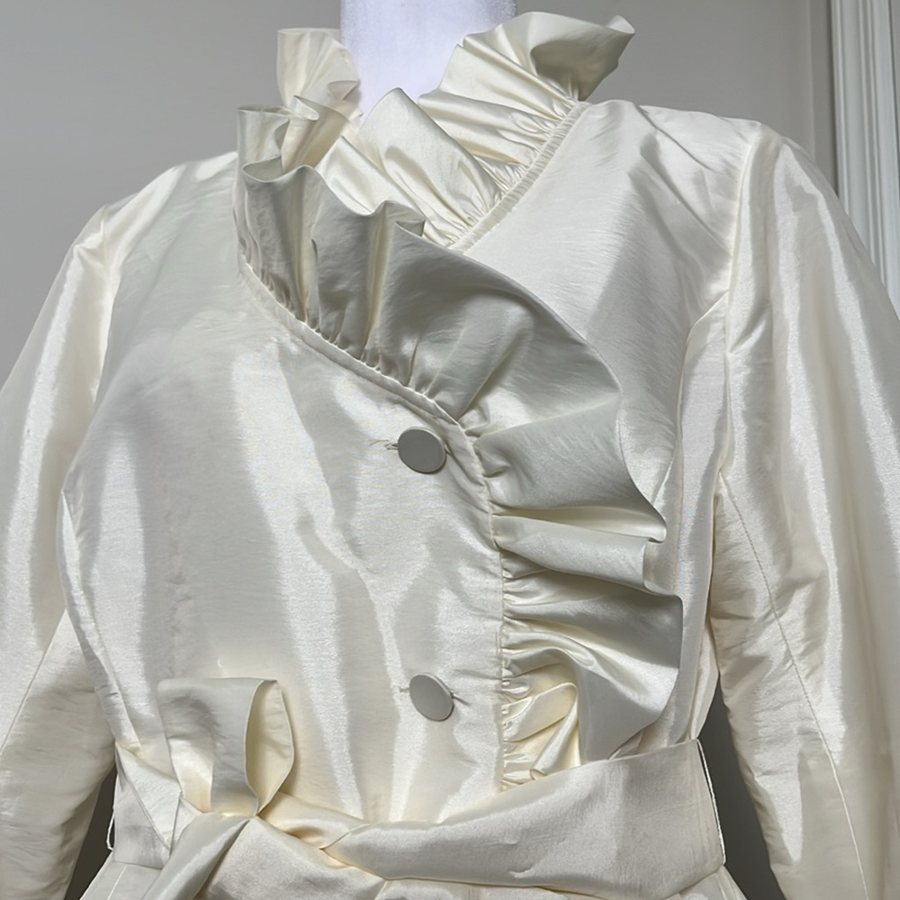 Women's Ruffle-Trim Cream Satin Jacket with Tie Waist - Picture 4 of 10